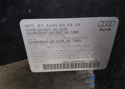 2010 Audi Q5 3.2 Premium из США, поврежденный, VIN WA1LKAFP0AA109016